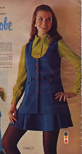 60s Winter Fashion, 60s 70s Fashion, 60s And 70s Fashion, 70s Women, Blue Vest, 70s Outfits, 70’s Fashion, Sixties Fashion, Montgomery Ward