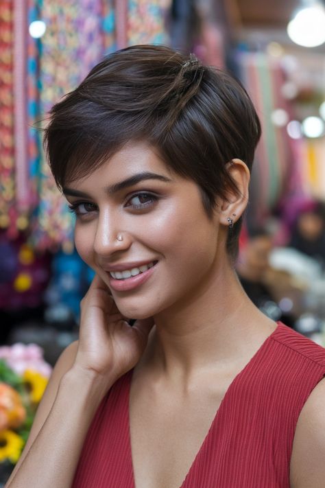 Discover the charm of an Indian-inspired pixie cut, the perfect choice for short hairstyle women wanting a bold look. This effortless style features choppy layers that frame the face beautifully, creating a fresh and vibrant appearance. With easy maintenance and versatility, it's ideal for summer outings or casual school days. Elevate your hair game with this chic haircut! #shorthairstylewomen #Pixie #Indian #Summer #HairstyleIdeas Haircut Indian Women, Haircut Indian, Feminine Short Hair, Girls With Short Hair, Short Hairstyle Women, Chic Haircut, Choppy Layers, Hairstyle Women, Indian Inspired