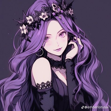 Purple Character Art, Anime Purple Hair, Purple Queen, Discord Pfps, Bizarre Art, Discord Pfp, Emo Goth, Anime Oc, Cute Pins