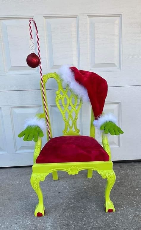 Diy Christmas Decorations For Outside Grinch, Whoville Furniture, Chair Of Cheer Grinch, Grinch Theme Parade Float, Grinch Themed Parade Float, Grinch Christmas Floats Parade Ideas, Whoville Office Decorations, Grinch Christmas Parade Float, Grinch Chair Diy