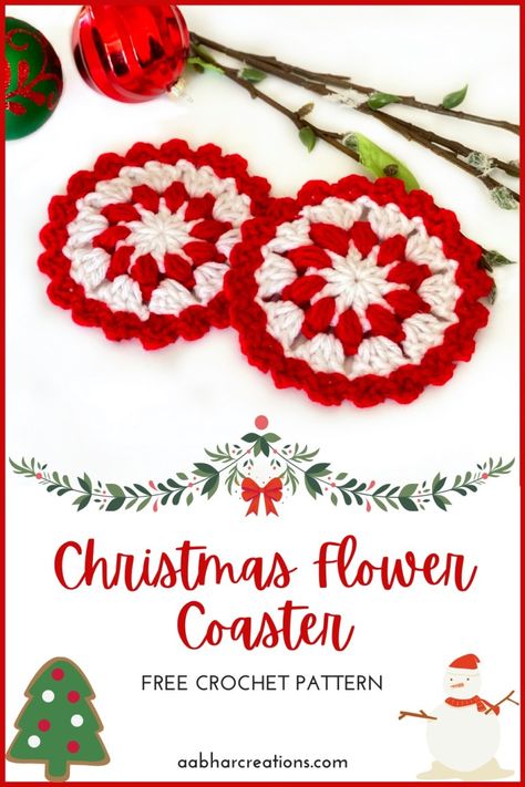 Free Crochet Pattern: Christmas Flower Coasters | Aabhar Creations Free Hot Pad Crochet Pattern, Granny Square Coasters Free Pattern, Christmas Crochet Coasters Free Pattern, Crochet Christmas Coasters Free Patterns, Crochet Flower Coasters Free Pattern, Christmas Coasters Crochet, Quick Gifts To Make, Free Crochet Pattern Christmas, Crochet Christmas Coasters