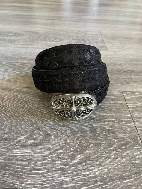 Chrome Hearts Chrome Hearts “Destroyer” Suede Patchwork Oval Buckle Belt | Grailed Chrome Heart Belt, Chrome Hearts Belt, Fire Accessories, Chrome Hearts Cross, Suede Patchwork, Cross Patch, Mens Crop Top, Heart Accessories, Dope Jewelry