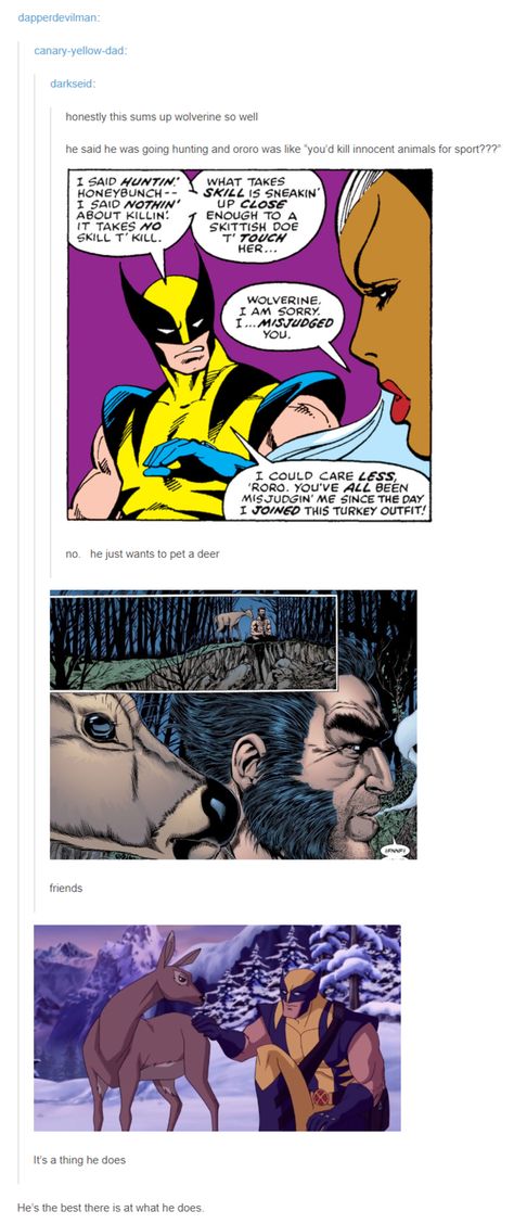 The logical extension of this is when the animals hunt Wolverine. Wolverine Funny, Uncanny X-men, Dc Movies, Marvel Funny, Bucky Barnes, Marvel Memes, Avengers Assemble, Marvel Dc Comics, The Villain