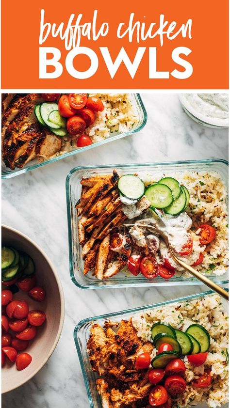 The ultimate meal prep: Buffalo Chicken Bowls! Spicy buffalo chicken, a fluffy rice and cauliflower rice combo, fresh tomatoes and cucumbers, and a dollop of creamy dill dip. #buffalochicken #mealprep Meal Prep Buffalo Chicken, Buffalo Chicken Bowls, Buffalo Chicken Rice Bowl, Tomatoes And Cucumbers, Spicy Buffalo Chicken, Dill Dip, Chicken Bowls, Fluffy Rice, Healthy Protein Meals