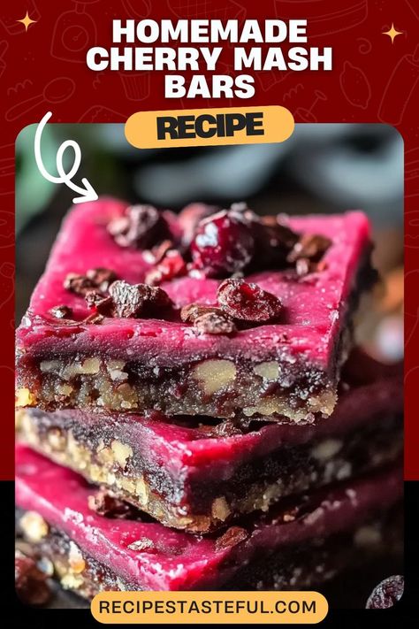 These Homemade Cherry Mash Bars are a delightful treat that combine the sweet, fruity flavor of cherries with the rich decadence of chocolate and peanut butter. The cherry layer is creamy and smooth, while the chocolate-peanut layer adds a satisfying crunch and richness. They’re easy to make, visually stunning with their bright red hue, and perfect for any occasion. Cherry Mash Bars Recipe, Cherry Mash, Chocolate And Peanut Butter, Bars Recipe, Cherry Flavor, Sweet Cherries, Chocolate Peanuts, Semisweet Chocolate, Dessert Bars