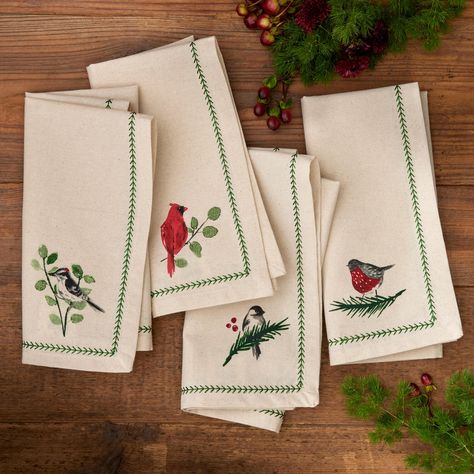 Woodland Birds Napkin Set | Sundance Catalog Christmas Hand Embroidery, Forest Birds, Rehearsal Dinner Decorations, Winter Bird, Sundance Catalog, Holly Leaves, Us States, French Knots, French Knot