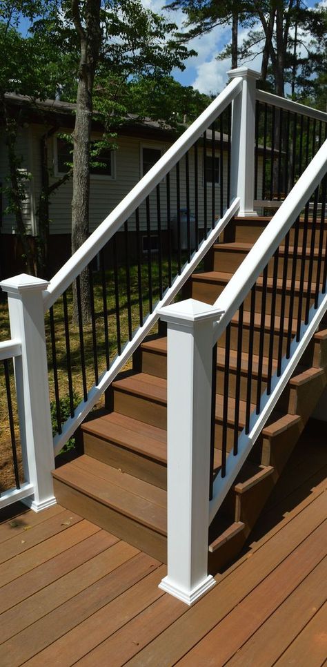 #FiberonDecking Tranquil White #railings with Black balusters. Front Porch Stair Railing Ideas, Porch Underpinning, Outside Handrails, Black Balusters, Front Porch Stairs, Outdoor Railing, Porch Railing Designs, Deck Cover, Awning Roof