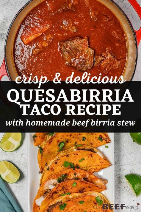 My Beef Birria Tacos recipe has all the flavors you're looking for in birria: they're earthy and mildly spicy, with fall-apart tender chuck roast beef and Mexican cheese! via @bestbeefrecipes Quesabirria Tacos With Consome, Birria Queso Tacos Recipe, Stove Top Birria Tacos, Barilla Tacos Recipe, Tacos Barilla, Beef Barilla Tacos, Easy Barilla Tacos, Birria Tacos Pressure Cooker, Quesabarilla Tacos