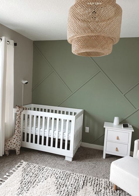 Green Twin Nursery, Sage Nursery Accent Wall, Olive Green Accent Wall Nursery, Olive Green And Cream Nursery, Army Green Nursery, Geometric Nursery Wall, Green Accent Nursery, Wood Panel Accent Wall Nursery, Geometric Accent Wall Nursery