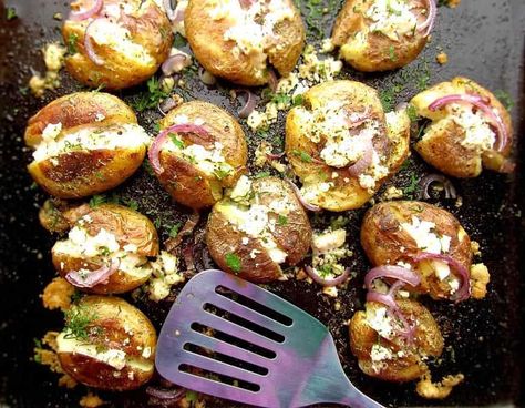 Roasted Greek Potatoes Recipe With Feta Cheese And Oregano Greek Potatoes Recipe, Recipe With Feta Cheese, Roasted Greek Potatoes, Smashed Baby Potatoes, Greek Roasted Potatoes, Feta Cheese Recipes, Greek Chickpeas, Greek Potatoes, Healthy Potato Recipes