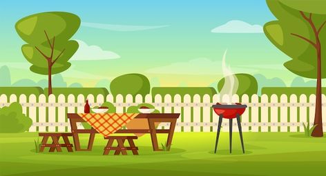 Backyard With Grill, Barbeque Illustration, Backyard Cartoon, Family Barbeque, Picnic Scene, Cartoon Garden, Bbq Summer, House Backyard, Table Outdoor