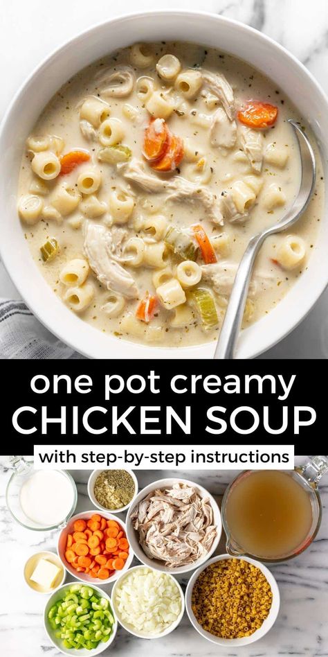 Recipes With Ditalini Pasta, Soup Toppings, Creamy Chicken Noodle Soup, Roasted Red Pepper Soup, Ditalini Pasta, Chicken Soup Recipe, Creamy Chicken Soup, Pasta Soup, Family Dinner Recipes