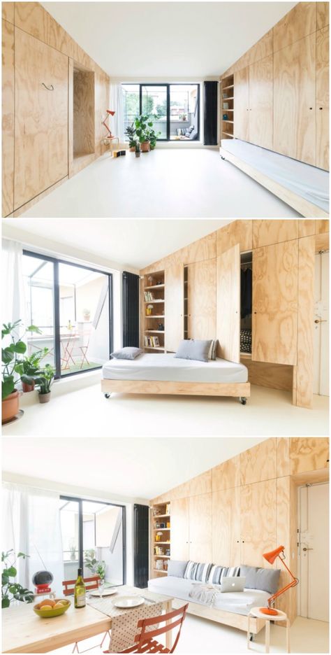 Microapartments Ideas, Micro Apartment Ideas, Micro Studio Apartment Ideas, Micro Bedroom, Skjulte Rum, Micro Flat, Micro Living, Hideaway Bed, Plywood Interior