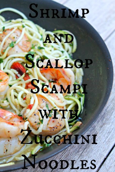 Shrimp and Scallop Scampi with Zucchini Noodles - Cooking with Books. (Make without scallops) Shrimp And Scallop Scampi, Scallop Scampi, Scampi Shrimp, Shrimp Zucchini, Seafood Recipes Scallops, Scampi Recipe, Seafood Recipes Healthy, Healthy Shrimp, Scallop Recipes