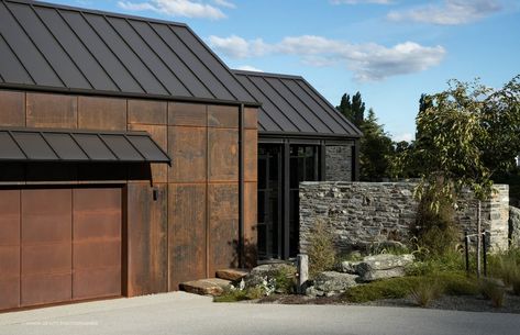 Bardon, Wanaka by Sumich Chaplin Architects | ArchiPro NZ Corten Steel Cladding, Renovation Facade, Garage Entrance, Nz House, Residential Exterior, Forest Village, Steel Cladding, Black Lodge, Lake Wanaka