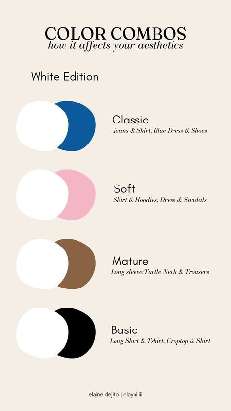 Color Match For Clothes, Off White Colour Combination Dress, Best Combination Of Colors Outfit, White Color Combos Outfit, Aesthetic Outfit Color Combinations, Fashion Color Matching, Match Colors Clothes, Good Colour Combinations Outfit, Outfit Color Palette Colour Combinations