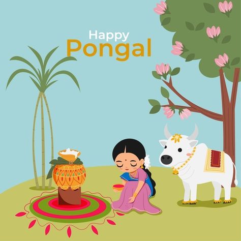 Indian woman and cow with pongal rice for happy pongal festival. Download it at freepik.com! #Freepik #vector #woman #celebration #happy #india Pongal Drawings Design, Pongal Aesthetic, Pongal Celebration Drawing, Pongal Festival Drawing, Pongal Illustration, Sankranti Wishes In Telugu, Happy Kanuma, Makar Sankranti Greetings, Happy Pongal Wishes