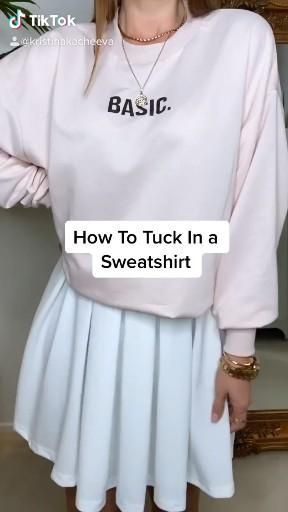 Tucked In Sweatshirt, How To Wear A Crew Neck Sweater, Sweatshirts With Skirts, Sweatshirt Outfit With Skirt, Tucked Sweatshirt Outfit, How To Tuck Sweatshirt, How To Style Sweatshirt Outfit Ideas, Sweatshirt And Dress Outfit, Tuck A Sweatshirt