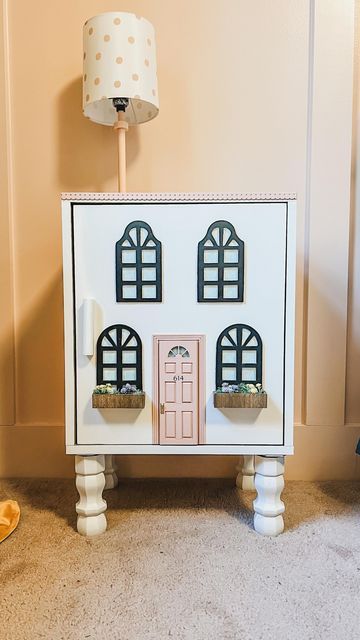 Dollhouse Bedside Table, Diy Dollhouse Nightstand, Dollhouse Nightstand Diy, Nightstand Dollhouse, Pottery Barn Kids Room, Dollhouse Nightstand, Dollhouse Side Table, Sisters Bedroom Ideas, Pottery Barn Bookcase