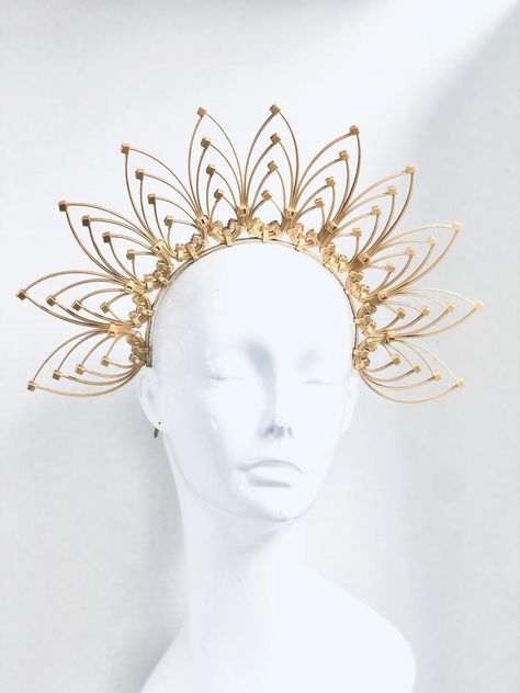 Gold sunburst Halo Crown l gold Goddess headdress l Heavenly | Etsy Goddess Headdress, Rave Hats, Gold Goddess, Festival Headpiece, Goddess Crown, Heavenly Bodies, Headpiece Diy, Gold Sunburst, Diy Crown