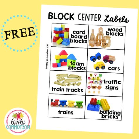 Preschool Block Center Block Center Labels, Preschool Classroom Labels, Block Center Preschool, Prek Centers, Preschool Labels, School Diy Ideas, Preschool Organization, Blocks Preschool, Block Signs