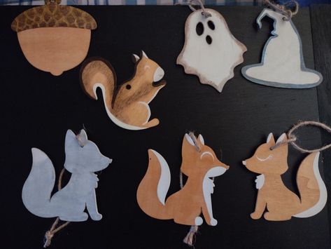 Dollar Tree Wood Ornaments, Dollar Tree Fox Craft, Painting Dollar Tree Wood Cutouts Halloween, Dollar Tree Wooden Fox Ornaments, Dollar Tree Wood Fox Ornament, Wooden Fox Ornament, Fox Wood Slice Ornament, Fall Greetings, Handmade Halloween Decorations