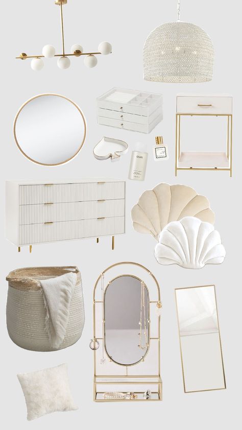 Room Inspo Gold And White, White And Gold Dressing Room, Preppy Aesthetic Decor, White Gold Bedroom Aesthetic, White And Gold Apartment, Gold And White Room, Gold Room Aesthetic, Gold Decor Bedroom, White And Gold Bedroom Ideas