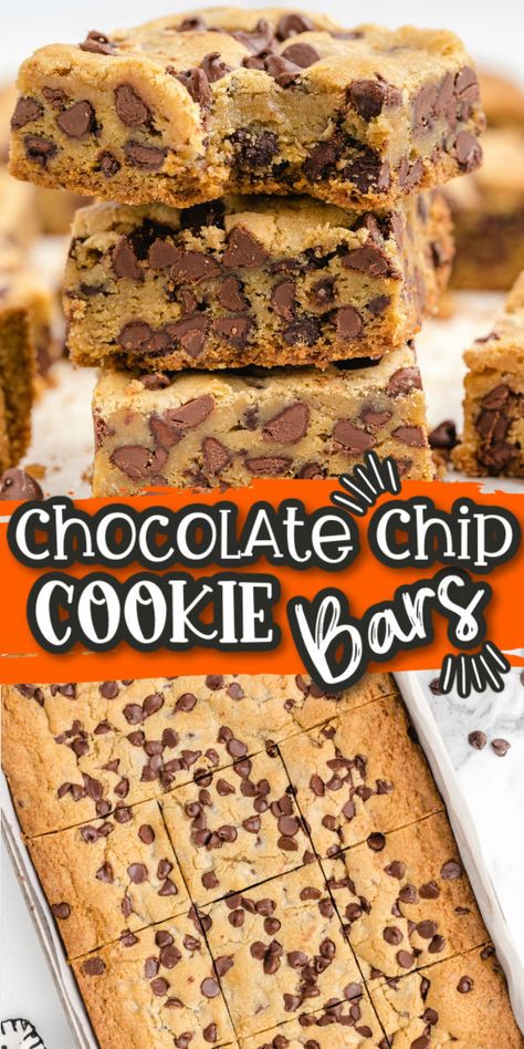 Chocolate Chip Cookie Bars are soft, gooey, and bursting with melted chocolate chips. But, most importantly, they are super easy to make in a sheet pan! #cookies #cookiebars #sheetpan #easydessert #easy #easycookie #lazy Pan Chocolate Chip Cookie Recipe, Chocolate Chip Cookie Bars 9x13 Pan, Chocolate Chip Cookie Sheet Pan, Sheet Pan Chocolate Chip Cookies, Sheet Cookie Cake, Chocolate Chip Bars 9x13, Chocolate Chip Cookie Bars 9x13, Sheet Pan Cookie Bars, Chocolate Chip Sheet Cake