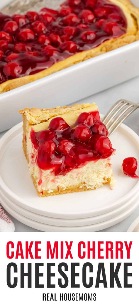 Luscious, creamy Cake Mix Cherry Cheesecake minimizes the work yet results in a gorgeous summer indulgence that will wow your guests! #Realhousemoms #cakemix #cheescake #cherry #creamcheese #dessert #sweettooth #patrioticholiday #4thofjuly #laborday #valentinesday #mothersday #cookout Box Cake Mix Recipes, Cherry Chip Cake Mix, Cheesecake Cherry, Fruit Deserts, Cherry Chip Cake, Superbowl Recipes, Creamy Cake, Cherry Cheesecake Recipe, Boxed Cake Mixes Recipes