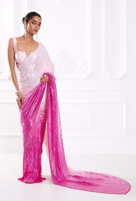 Fuschia Pink Ombre Georgette Sequin Saree Ombre Saree, Saree With Price, Sequins Saree, Sequence Saree, Sequin Saree, Latest Saree, Velvet Blouse, Plain Saree, Fuschia Pink