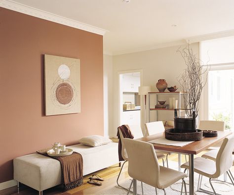 Natural and warm, this earthy colour scheme is accentuated by the feature wall tying together the rest of the room. #OffWhite #SeedPearl #Coyote Neutral Dining Room Paint, Living Room Colour Schemes, Dining Room Colour Schemes, Neutral Dining Room, Cream Living Rooms, Living Room Wall Color, Room Wall Colors, Dining Room Paint, Dining Room Colors