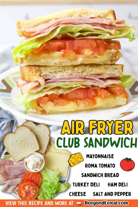 Check out this air fryer club sandwich- it puts other sandwiches to shame. Packed with crisp cold lettuce and tomatoes, melty cheese, and warm deli meat between toasted slices of bread. Air Fried Sandwich, Air Fryer Recipes Sandwiches, Air Fryer Sandwich Melts, Air Fryer Sandwich Recipes, Air Fryer Sandwiches, Deli Meat Sandwiches, Healthy Ham, Hoagie Sandwiches, Club Sandwich Recipes