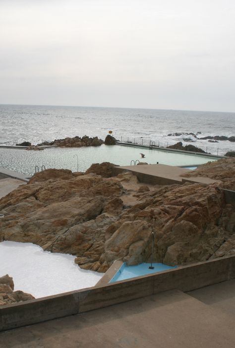 Swimming pool by Alvaro Siza, Leça da Palmeira, Portugal. Public Pool Architecture, Swimming Pool Details Section, Alvaro Siza Architecture, Leça Swimming Pools Alvaro Siza, Reflection Pool Architecture, Brutalist Swimming Pool, Western Culture, Architecture Details, Portugal