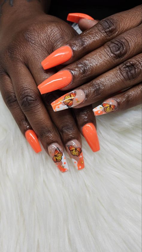 Brown With Butterfly Nails, Butterfly Fall Nails, Pink And Orange Butterfly Nails, Orange Butterfly Nail Designs, Incapcilated Butterfly Nails, Orange Nail Art, Orange Butterfly, Butterfly Fairy, Butterfly Nail