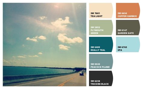 Paint colors from Chip It! by Sherwin-Williams #chipit Seven Mile Bridge in the Florida Keys. Repin via @Rachel Conant Rama Green Colour Combination, Pallet Gardens, Seven Mile Bridge, Sherwin Williams Color Palette, Paint Palettes, Favorite Paint Colors, Paint Color Palettes, Sherwin Williams Paint Colors, Vacation Inspiration