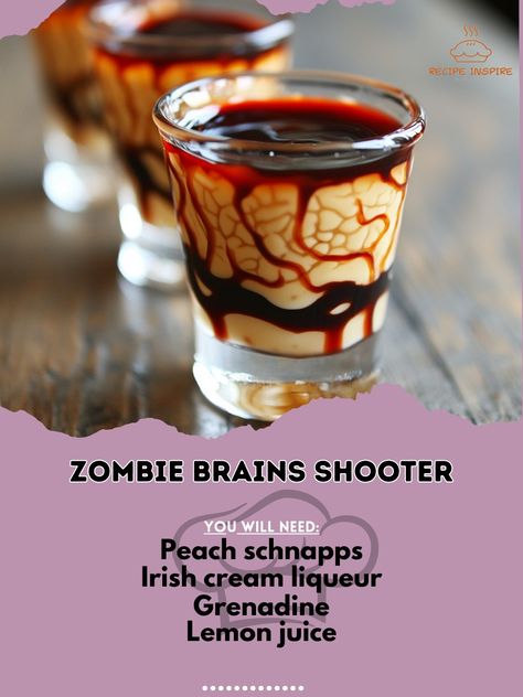 🧟‍♂️🧪 Zombie Brains Shooter—Get spooky with this fun and eerie zombie brains shooter. Perfect for Halloween thrills! 🎃👻 #ZombieBrainsShooter #HalloweenDrinks Zombie Brains Shooter Ingredients: Peach schnapps (1/2 oz) Irish cream liqueur (1/2 oz) Grenadine (1/4 oz) Lemon juice (1/4 oz) Instructions: Pour peach schnapps into a shot glass. Slowly layer Irish cream liqueur on top. Drizzle grenadine and lemon juice. 🧪🧟‍♂️ This zombie brains shooter is a must-try for Halloween parties. Spooky a... Brain Shots Halloween Party, Shots For Halloween Party, Halloween Easy Drinks Alcohol, Zombie Jello Shots, Halloween Shots Easy, Fun Halloween Shots, Funny Alcoholic Drinks, Halloween Shots Alcohol Drink Recipes, Zombie Brain Shots