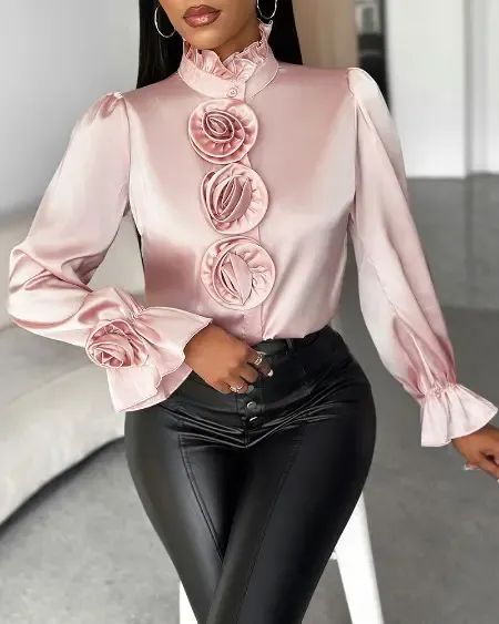 Rose Detail Frill Hem Bell Sleeve Top Casual Blouses, Fashion Stand, Rosé Details, Chic Type, Blouse Material, Flower Tops, Bell Sleeve Blouse, Type Of Pants, Female Fashion