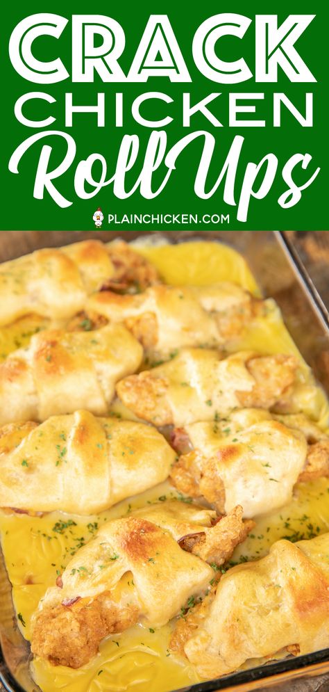 Crack Chicken Roll Ups - our favorite weeknight meal!! Frozen chicken fingers, cheddar cheese, bacon and ranch wrapped in crescent rolls and topped with cream of chicken soup and milk. Seriously delicious!! I always have to double the recipe for my family. We never have any leftovers! #chicken #casserole #chickencasserole #weeknightdinner #easychickenrecipe Crescent Roll Recipes Dinner, Chicken Roll Ups, Chicken Roll, Roll Ups Recipes, Plain Chicken, Chicken Rolls, Crescent Roll Recipes, Chicken Fingers, Frozen Chicken