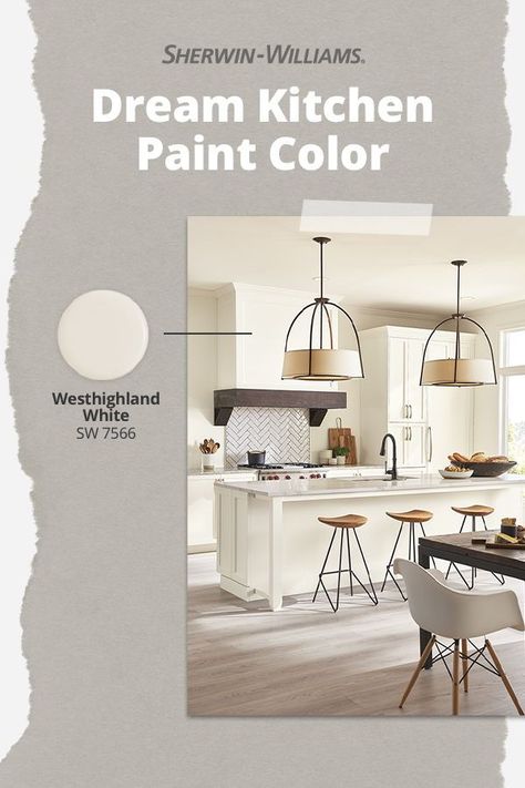 If you dream about a light, bright, white kitchen, Sherwin-Williams has the perfect paint color for you. Westhighland White SW 7566 adds timeless sophistication and beauty to cabinets or walls. Tap this pin for more kitchen paint color inspiration. #kitchen #renovation #remodel #diy #cabinets Kitchen Wall Paint Colors White Cabinets, Kitchen Cabinet Colors Sherwin Williams Paint Colours, White Kitchen Cabinet Colors Sherwin, Kitchen Colors For Walls White Cabinets, Sherwin Williams White Paint Colors Kitchen Cabinets, Windfresh White Sherwin Williams Kitchen, Westhighland White Sherwin Williams, Best Warm White Paint Color For Kitchen Cabinets, Sw Westhighland White