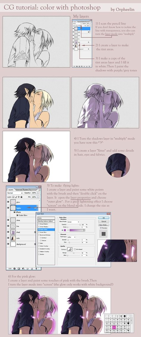 CG tutorial - photoshop by Orpheelin on @DeviantArt Webtoon Coloring, Digital Art Tutorial Photoshop, Basic Photoshop Tutorials, Photoshop Painting Tutorial, Anime Tutorial, Photoshop Painting, Coloring Tutorial, Photoshop Tips, Digital Painting Tutorials