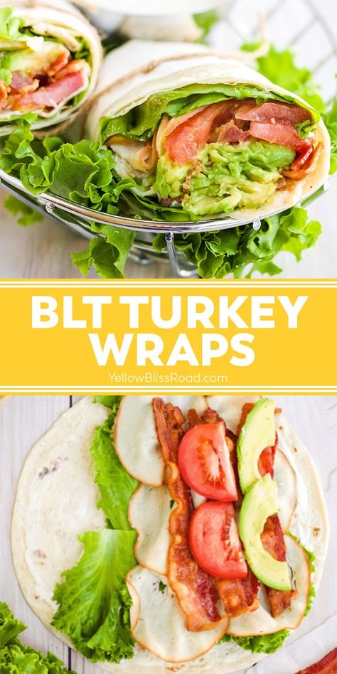 BLT Turkey Wraps have fresh turkey, bacon, lettuce, tomato and avacado wrapped in a tortilla for a delicious and easy lunch on the go. Turkey Wrap, Bacon Lettuce Tomato, Lunch On The Go, Turkey Wraps, Fresh Turkey, Plats Healthy, Flour Tortilla, Deli Turkey, Healthy Lunch Meal Prep