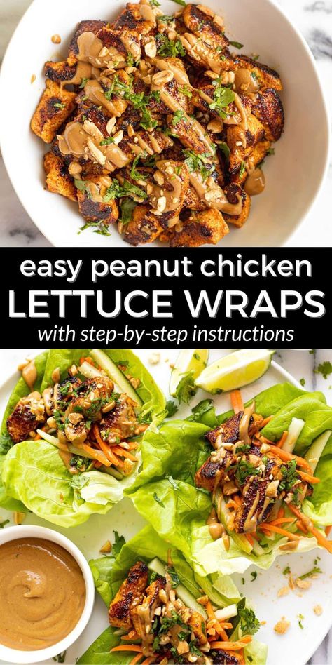 Peanut Chicken Lettuce Wraps, Easy Peanut Chicken, Easy Chicken Lettuce Wraps, Thai Chicken Lettuce Wraps, Peanut Tofu, Easy Peanut Sauce, Chicken Lettuce Wraps Recipe, Lettuce Wrap Recipes, Grilled Tofu