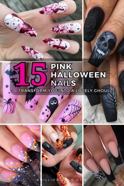 A collection of 20+ devilishly stylish Halloween acrylic nail designs, a must-try for the 2023 Halloween season. Halloween Nail Designs Pink And Black, Coffin Shaped Halloween Acrylic Nails, Spooky Pink Nails, Tombstone Nails, Halloween Nails Pink And Black, Halloween Nails Medium Length, Hot Pink Halloween Nails, Spooky Halloween Nails Acrylic, Pink Halloween Nails Acrylic