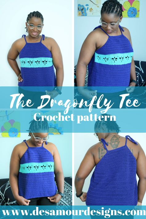 The Dragonfly Tee is an advanced beginner friendly swing type top that is flirty, light, and playful. Unique shaping, unexpected details, and a feminine silhouette are just a few elements that bring this cotton halter to life. Crochet Shirts, Crochet Tee, Norfolk Virginia, Teen Clothes, Craft Stash, Tees Pattern, Crochet Inspiration, Crochet Shirt, Modern Crochet