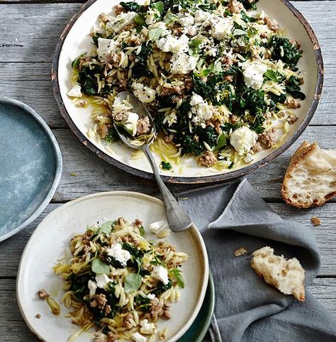 Orzo with pork, silverbeet and feta | Fast Greek recipe Risoni Recipes, Greek Recipe, Macedonian Food, Sweet Pork, Feta Recipes, Slim Fast, Spinach And Feta, Swiss Chard, Chard