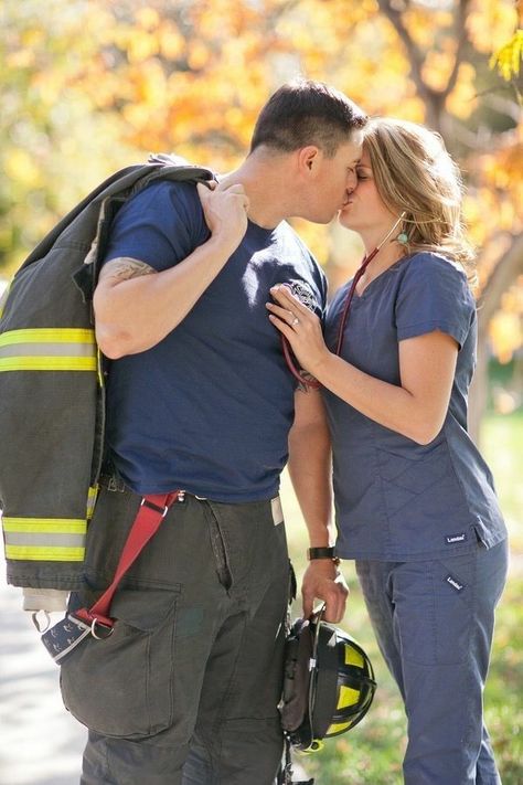 Scrubs Photoshoot, Medical Wedding, Firefighter Wedding Photos, Wedding Firefighter, Firefighter Engagement Pictures, Nurse Photography, Firefighter Couple, Fireman Wedding, Firefighter Engagement