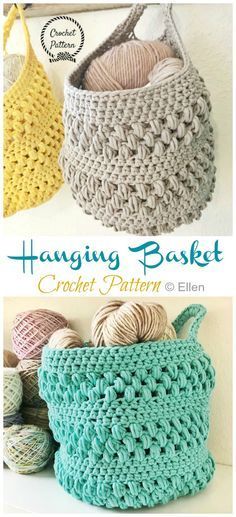 Crocheted Baskets, Basket Crochet, Easy Knitting Projects, Crochet Basket Pattern, Stitch Crochet, Crochet Motifs, Crochet Free, Hanging Basket, Crochet Basket