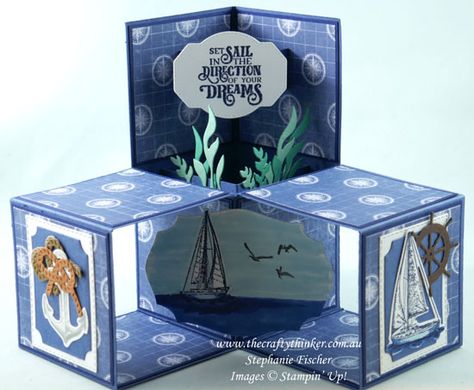 www.thecraftythinker.com.au, Smooth Sailing, Sailing Home stamp set, 3D Cube Card, Fun Fold, Masculine Card, Stampin Up Bon Voyage Cards, Pop Cubes, Father Birthday Cards, Tarjetas Pop Up, Home 3d, Pop Up Box Cards, 3d Cube, Card Folds, Fun Folds