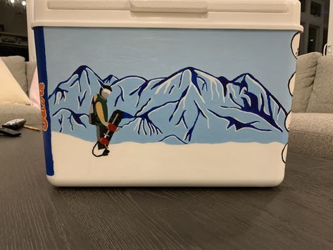 Die Is Life Frat Cooler, Frat Cooler Snowboarding, Frat Painting Ideas, Colorado Frat Cooler, Frat Painted Cooler, Frat Mountain Weekend Cooler, Cooler Decorating Ideas, College Cooler Painting, Frat Cooler Designs