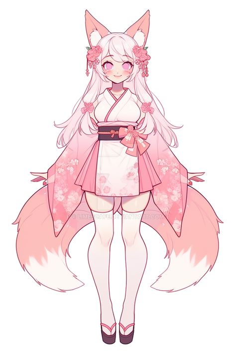 Kitsune Base Drawing, Kitsune Oc Art, Sakura Character Design, Fox Kemonomimi, Kitsune Base, Fox Tail Drawing, Kitsune Girl Art, Kitsune Lady, Kitsune Art Character Design